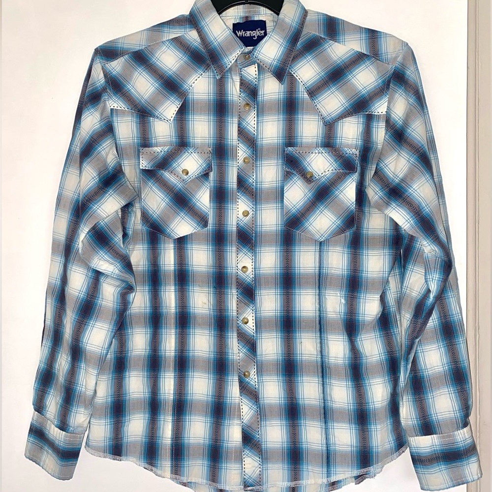 Vintage Wrangler Men’s Pearl Snap Western Plaid M Shirt Blue/Brown Rodeo Cowboy